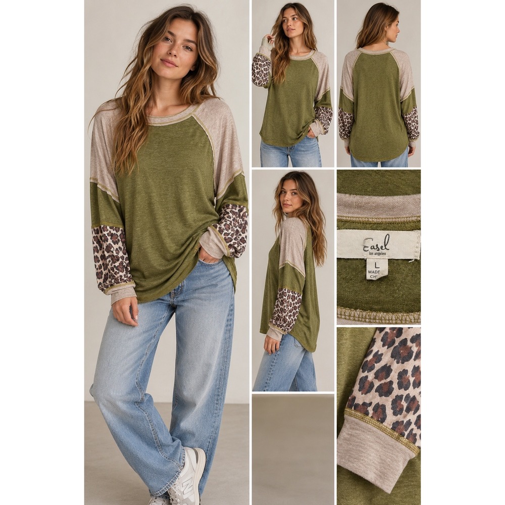 Easel Los Angeles Olive Green Leopard Colorblock Raglan Top Large